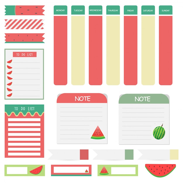 Cute paper notes set with watermelon themes. Paper banner design for message. 