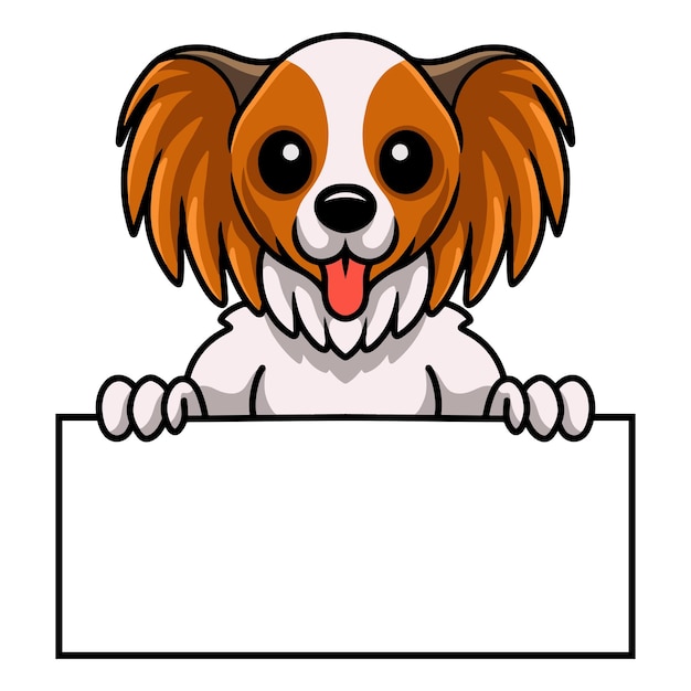 Vector cute papillon dog cartoon holding blank sign