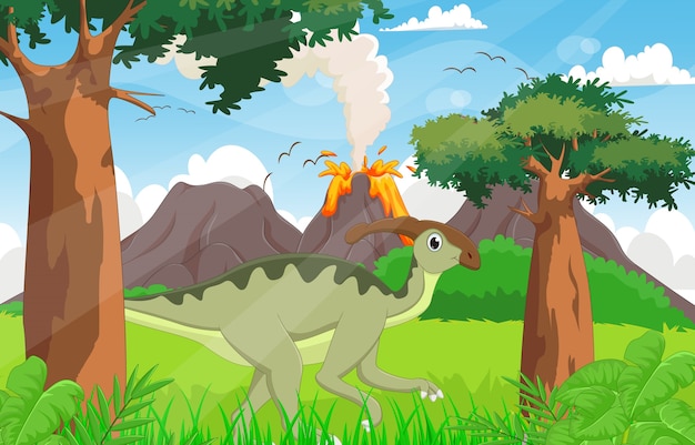 cute Parasaurolophus cartoon in the jungle