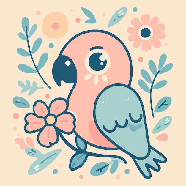 Cute Parrot with flower minimal doodle style Pastel Colors Parrot Bird