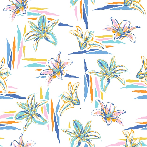 Cute Pastel Artistic summer blooming lily flowers seamless pattern in vector hand brushed strokes Hand painting design for fashionfabricwallpaperweb and all prints on white