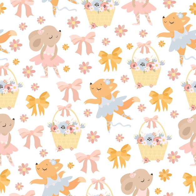 Cute pastel pattern with dancing animals and flowers