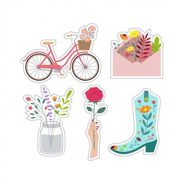 Cute patch floral stickers set vector design