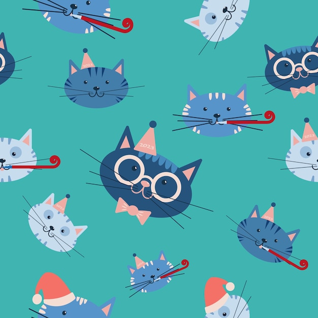 Cute pattern Happy New 2023 year Set different cats with Christmas attributes Flat vector conce