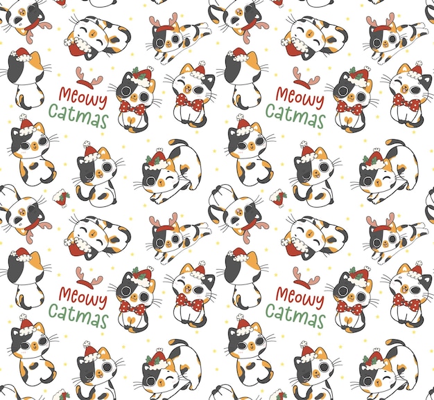 Cute pattern seamless background funny Santa Calico kitten cats Christmas animal cartoon doodle drawing isolated on white background