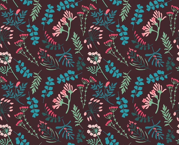 Cute pattern in small berries and leaves. Small colorful flowers. Dark violet . Small cute simple spring flowers.