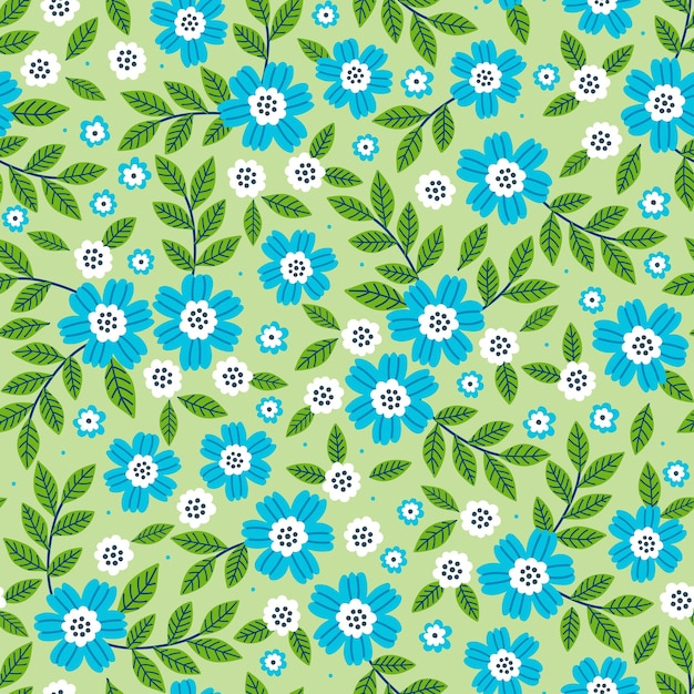 Cute pattern in small blue flowers. Light green background. Seamless floral pattern.