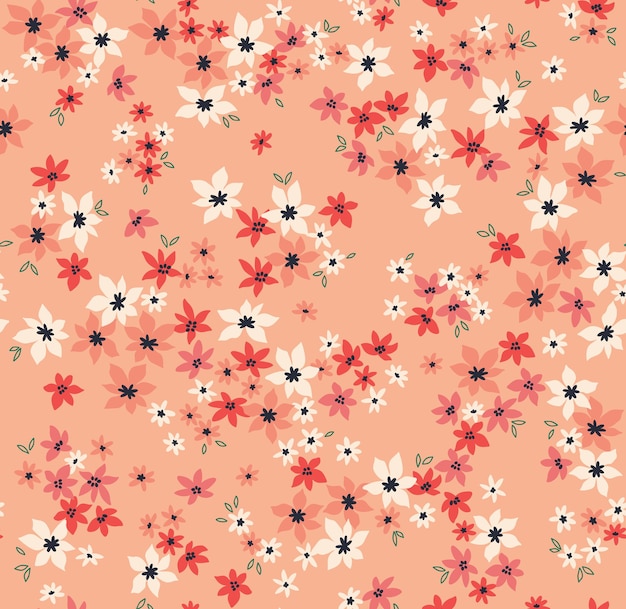 Cute pattern in small daisy flowers Light coral background Seamless floral pattern