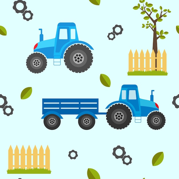 cute pattern of a tractor, tractor with cart, fence, and tree