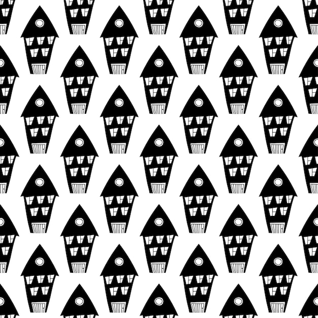 Cute pattern with doodle houses for kids print fabric postcards Hand drawn buildings in black and white