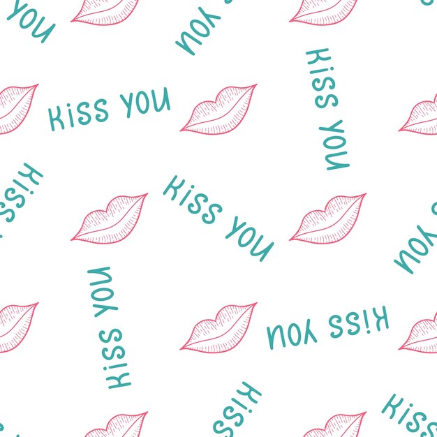 Cute pattern with pink lips and green text kiss you on white background for the design of textiles bed linen child clothing wrapping paper