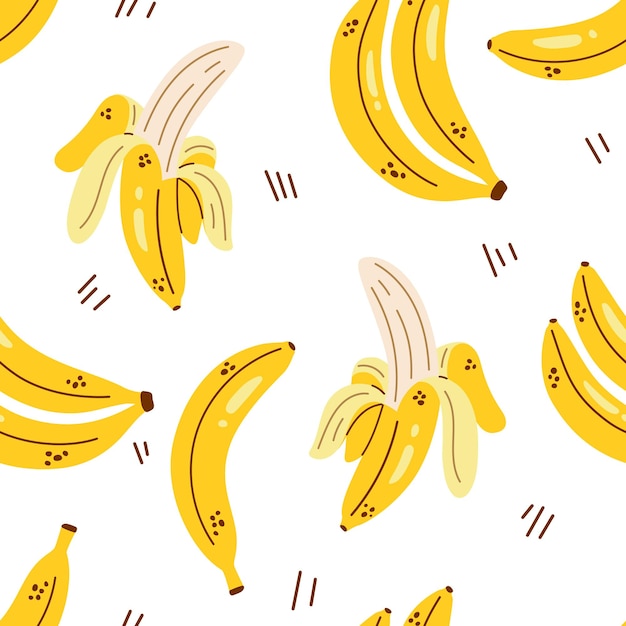 Cute pattern with yellow bananas on white background Banana seamless pattern Peeled banana and banana bunch Tropical fruit