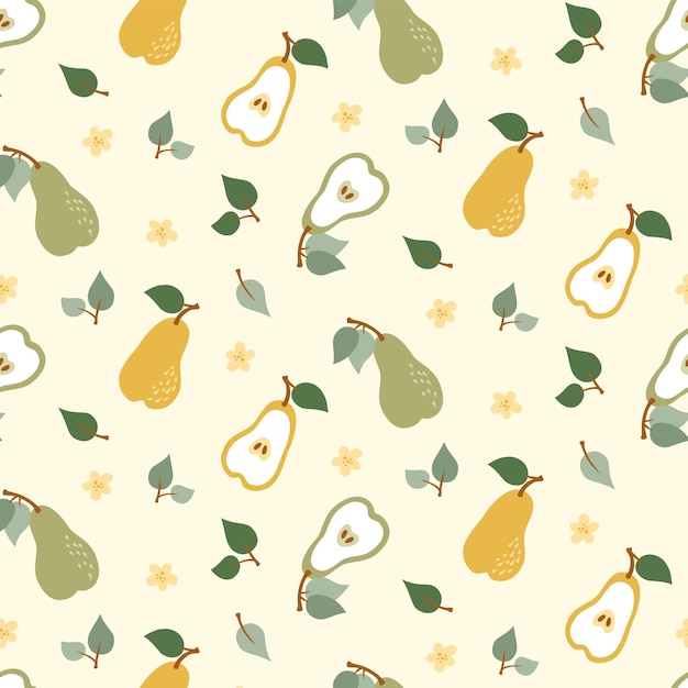 Cute pattern with yellow and green pears and flowers in flat style