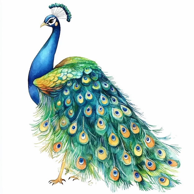 Vector cute peacock watercolor clipart illustration isolated