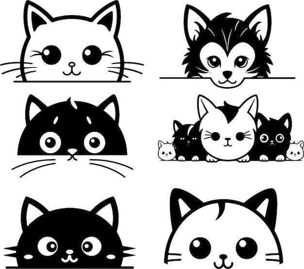 Cute peeking cat silhouette black and white sticker vector illustration collection