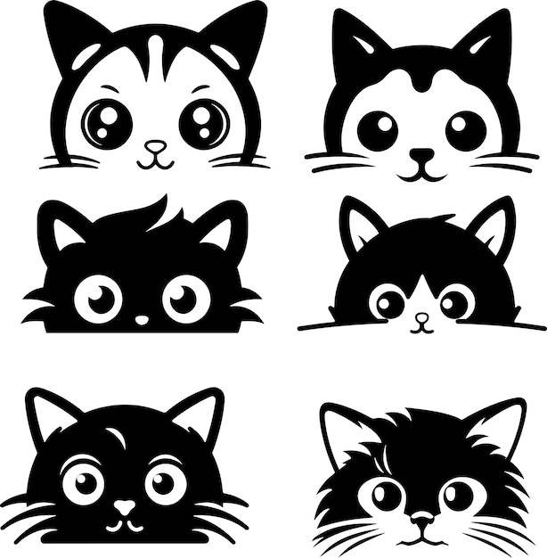 Cute peeking cat silhouette black and white sticker vector illustration collection