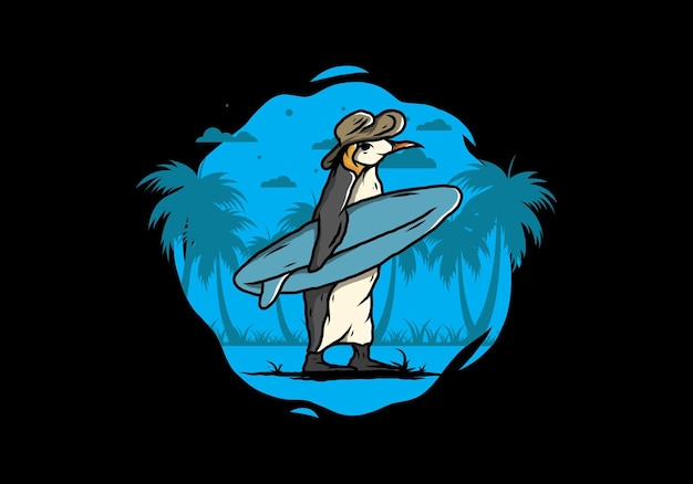 Cute penguin carrying a surfboard on the beach illustration