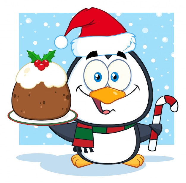 Cute Penguin Cartoon Character Holding Christmas Pudding And Candy Cane On The Snow