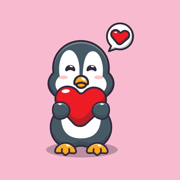 cute penguin cartoon character holding love heart