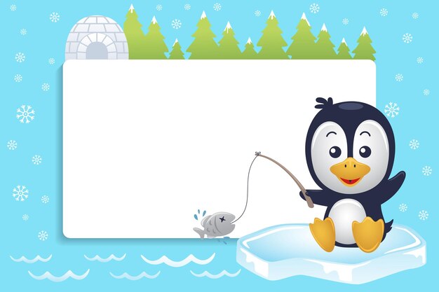 Cute penguin cartoon fishing Winter elements with blank sign vector illustration