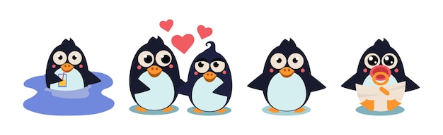 Cute Penguin Character Engaged in Different Activity Vector Set Funny Flightless Bird from Antarctica