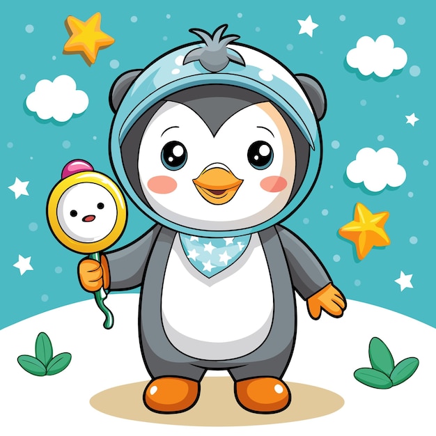 A cute penguin character holding a rattle in a playful setting