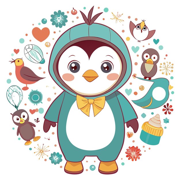 Cute penguin character surrounded by whimsical elements and animals