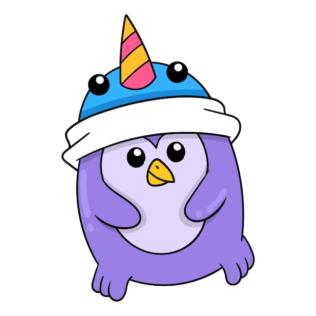 Cute penguin child wearing a beanie hat doodle icon image kawaii