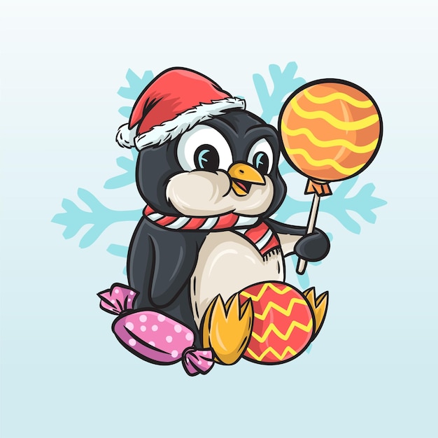 Cute Penguin Christmas hat Mascot cartoon vector illustration