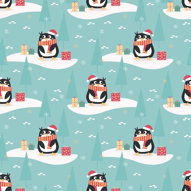 Cute penguin in Christmas season seamless pattern 