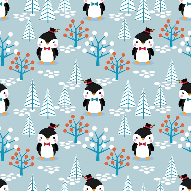 Cute penguin in Christmas theme seamless pattern