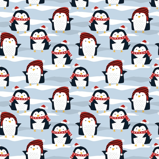 Cute penguin in Christmas winter seamless pattern