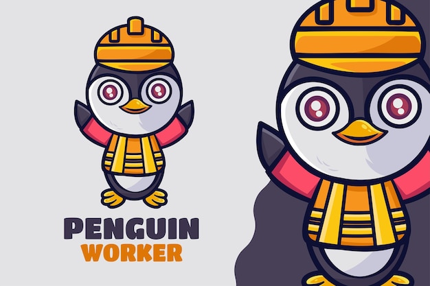 Cute penguin construction worker cartoon character