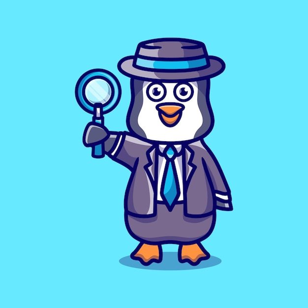 Cute penguin detective carrying a magnifying glass