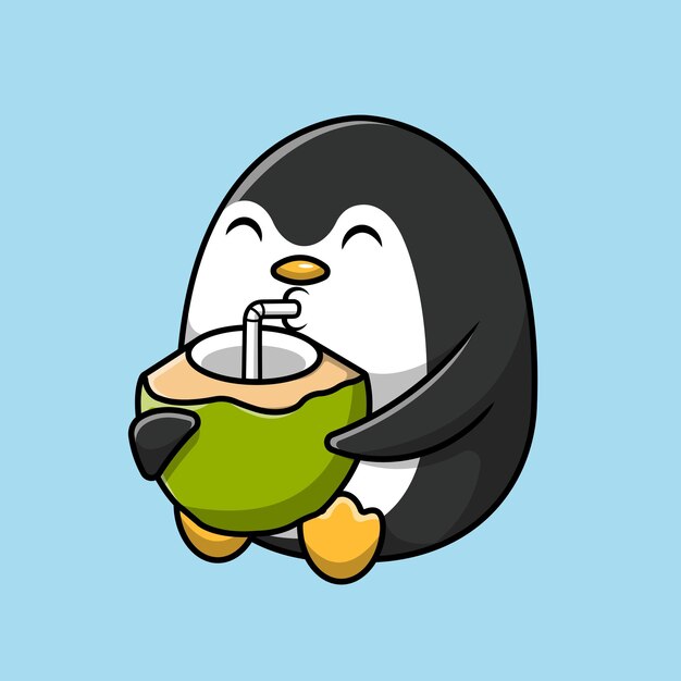 Cute Penguin Drink Coconut With Straw Cartoon Vector Icon Illustration