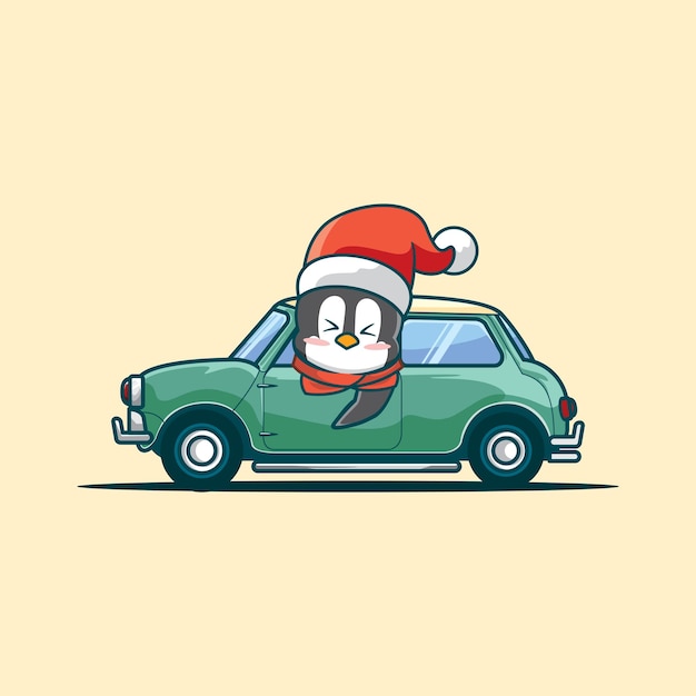 cute penguin driving car kawaii cartoon illustration