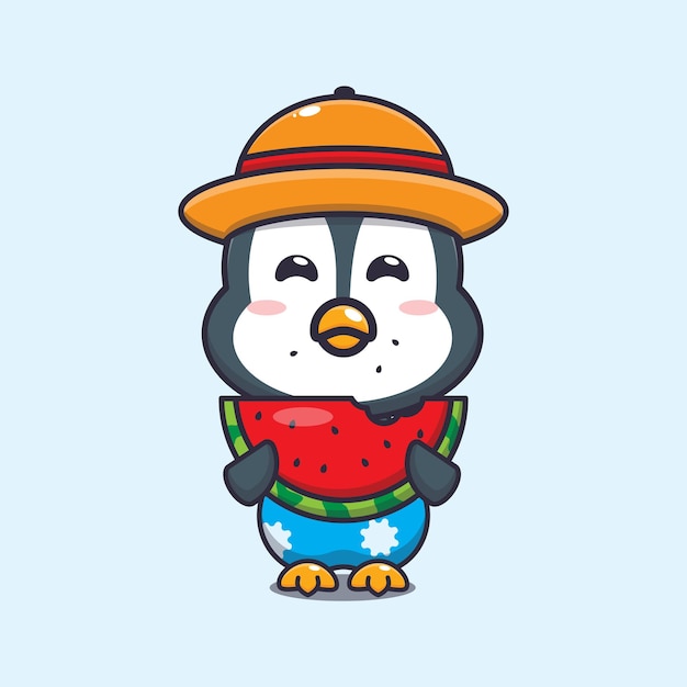 Cute penguin eat fresh watermelon cartoon illustration.