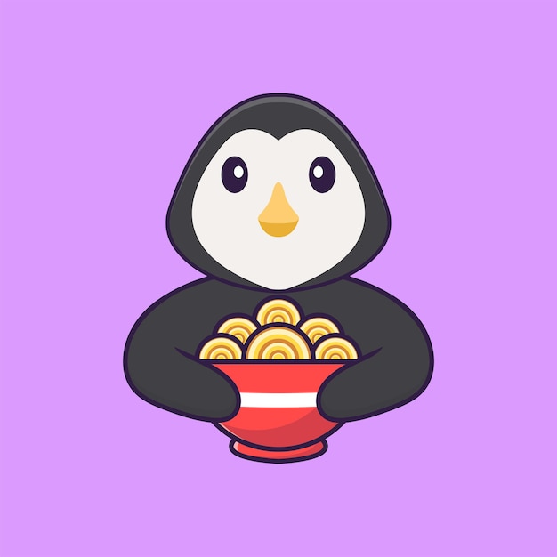 Cute penguin eating ramen noodles. Animal cartoon concept isolated. Flat Cartoon Style