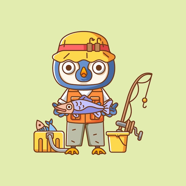 Cute penguin fisher fishing animal chibi character mascot icon flat line art style illustration