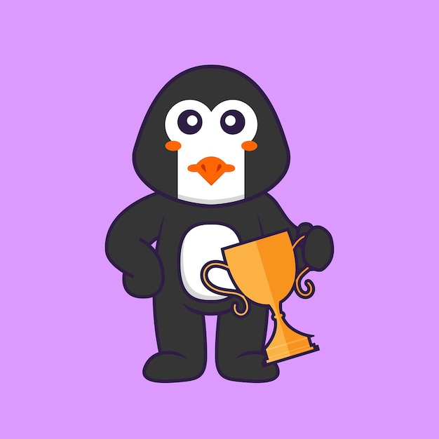 Cute penguin holding gold trophy. Animal cartoon concept isolated.