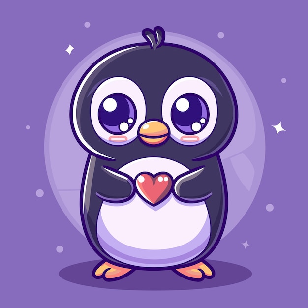 Cute penguin holding heart cartoon illustration