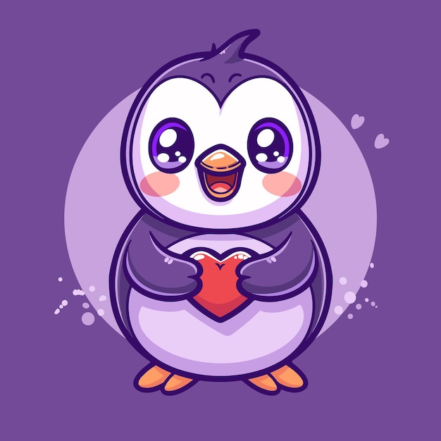 Vector cute penguin holding heart cartoon illustration