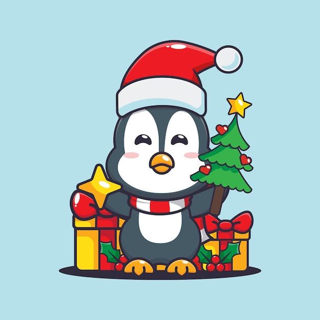 Cute penguin holding star and christmas tree. Cute christmas cartoon illustration.