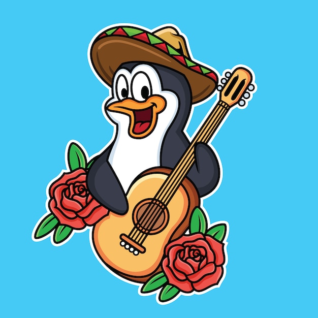 Cute penguin is playing guitar in blue