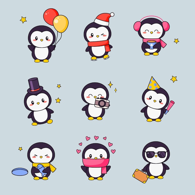 Cute Penguin Kawaii Clipart Sticker Set. White Black Bird with Anime Face Various Emoji Design for Doodle. Different Comic Animal Gift Icon Kit for Children. 