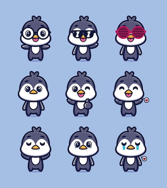 Cute penguin mascot cartoon bundle set of illustration premium vector