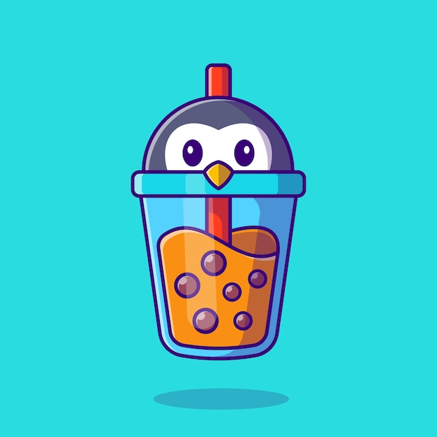 Cute Penguin Milk Tea Boba Cartoon Icon Illustration.