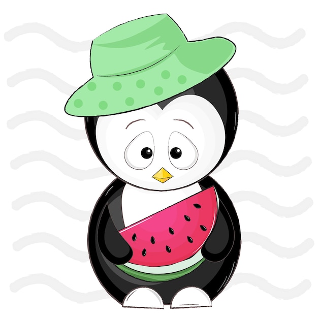 Cute penguin in panama with watermelon