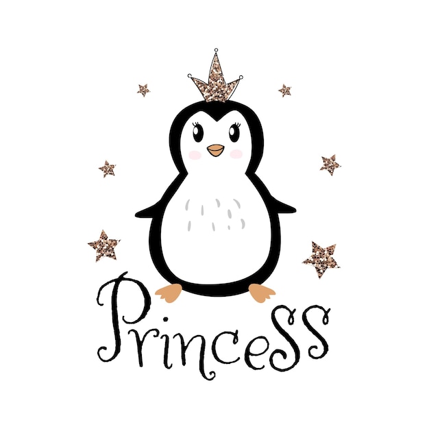 Cute penguin princess with golden glitter crown and stars Hand drawn kids graphic Vector illustration