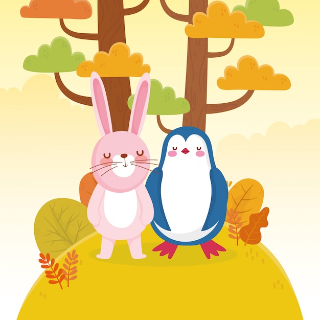 Cute penguin and rabbit trees foliage nature 